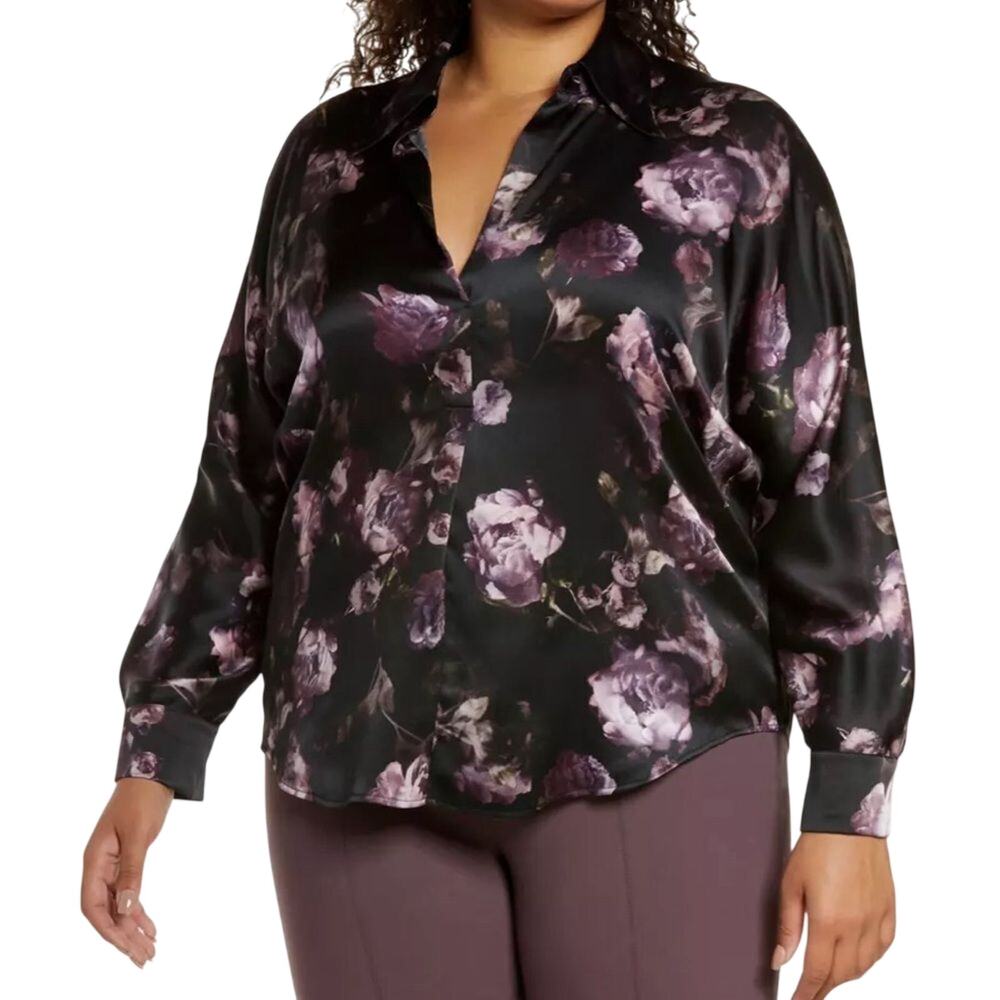 Vince $345 Blouse Night Garden Satin Silk Shaped Collar Long Sleeve XXXL